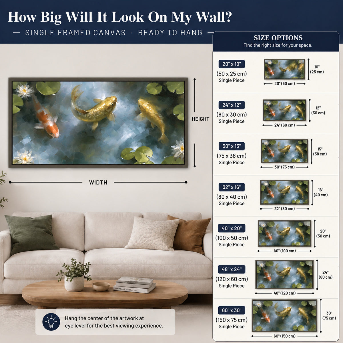Koi fish pond painting framed canvas wall art size guide above a sofa