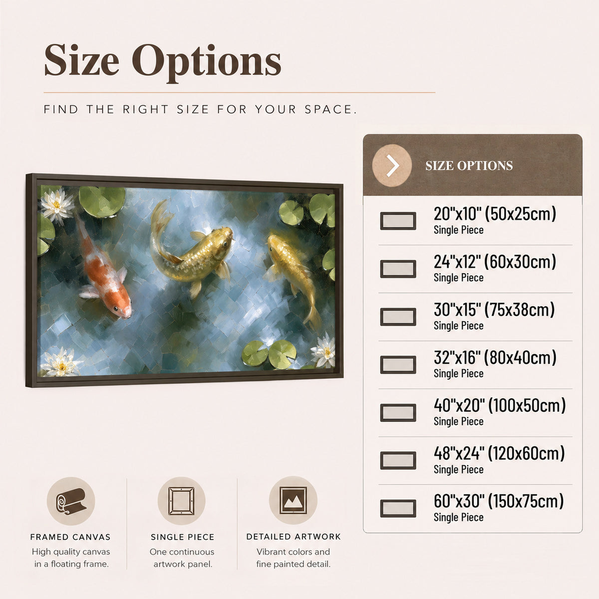 Koi fish pond painting framed canvas wall art size options