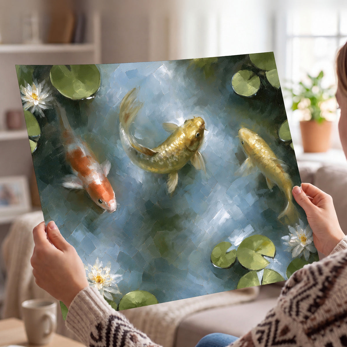 Koi fish pond painting poster print held in hands