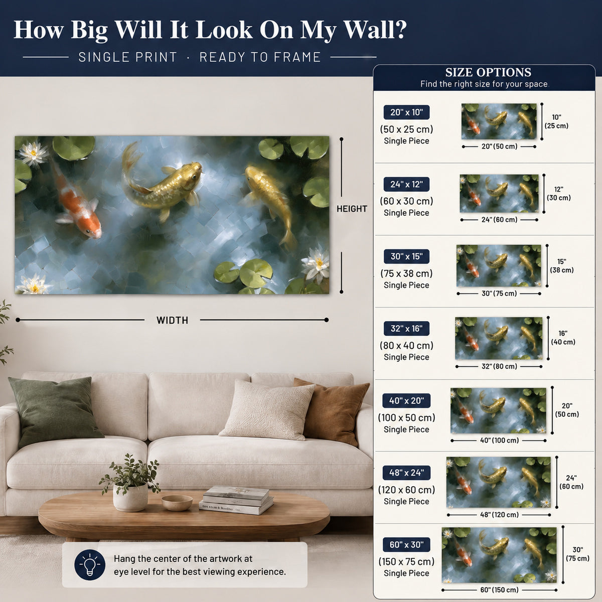Koi fish pond painting poster print size guide above a sofa