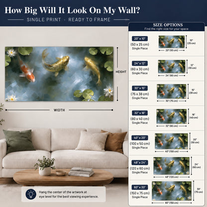 Koi fish pond painting poster print size guide above a sofa