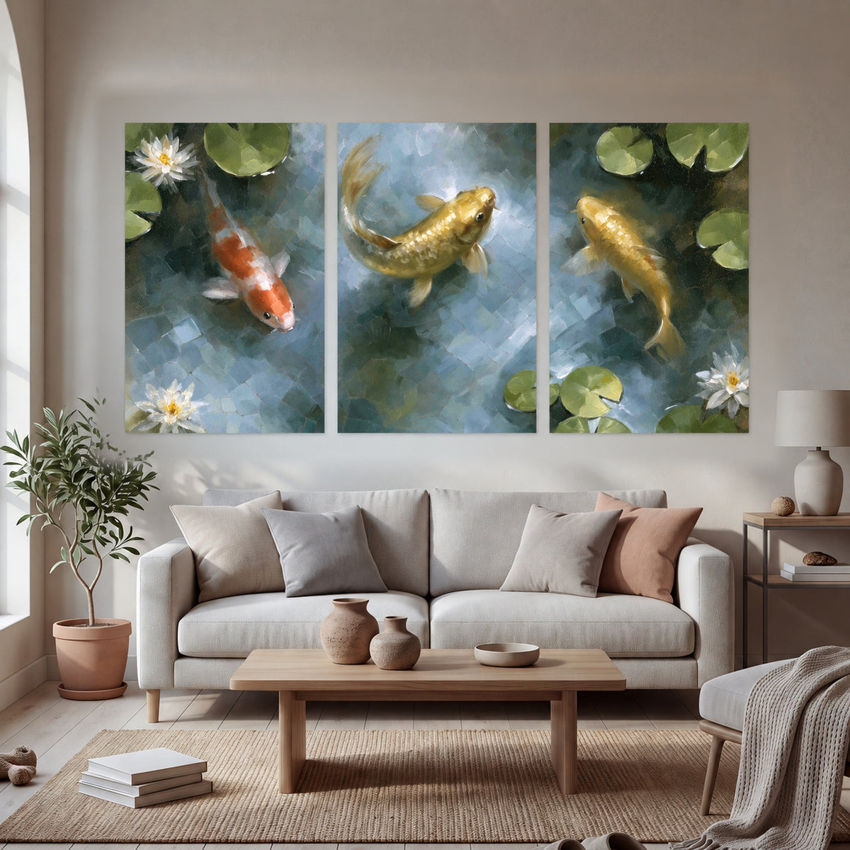 Koi fish pond painting set of 3 poster prints in a bright living room