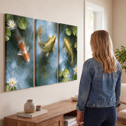 Koi fish pond painting 3 piece canvas wall art in a living room