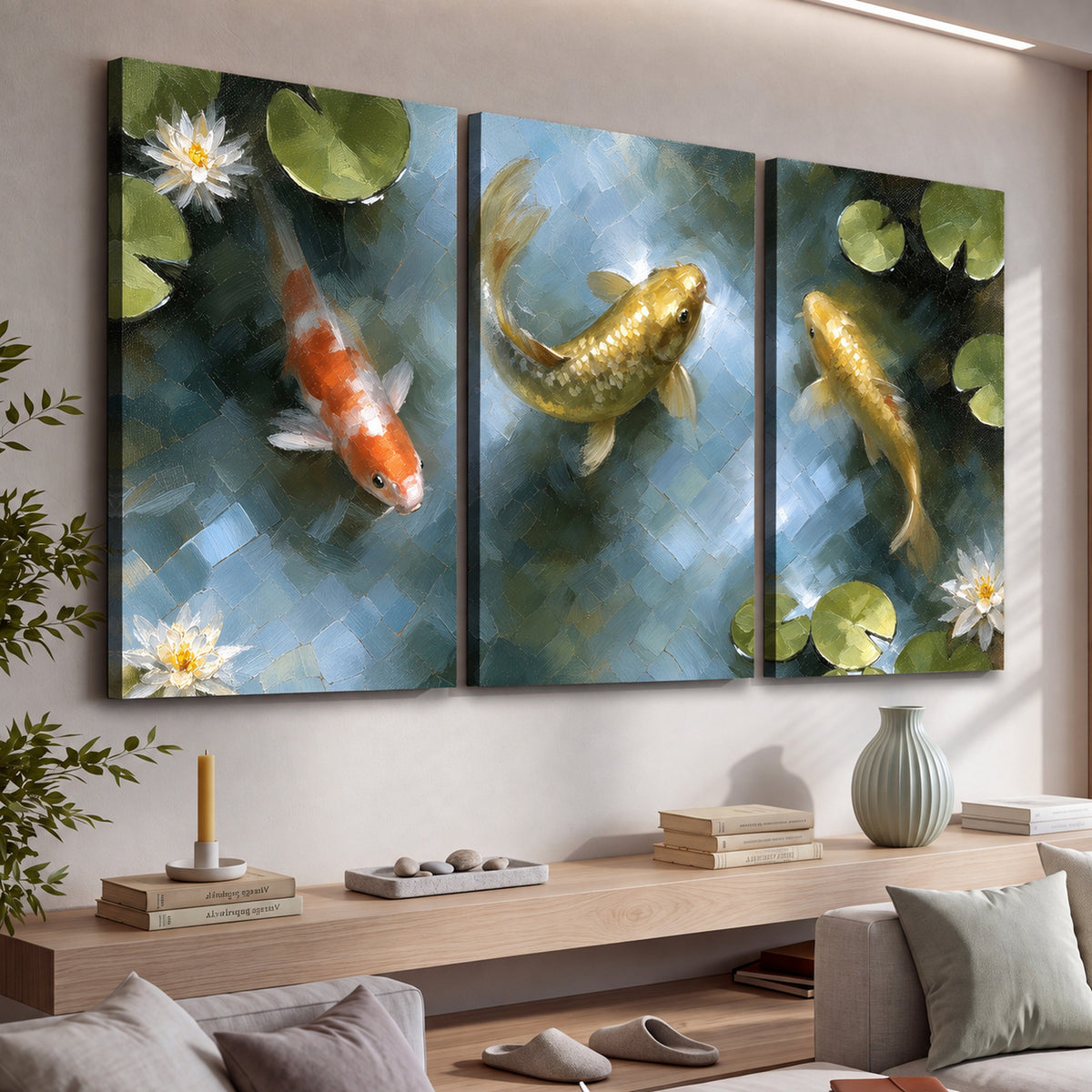 Koi fish pond painting 3 piece canvas wall art in a living room above a console