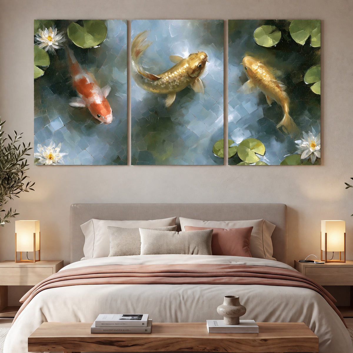 Koi fish pond painting 3 piece canvas wall art in a bedroom above the bed