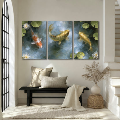 Koi fish pond painting 3 piece canvas wall art in an entryway above a bench