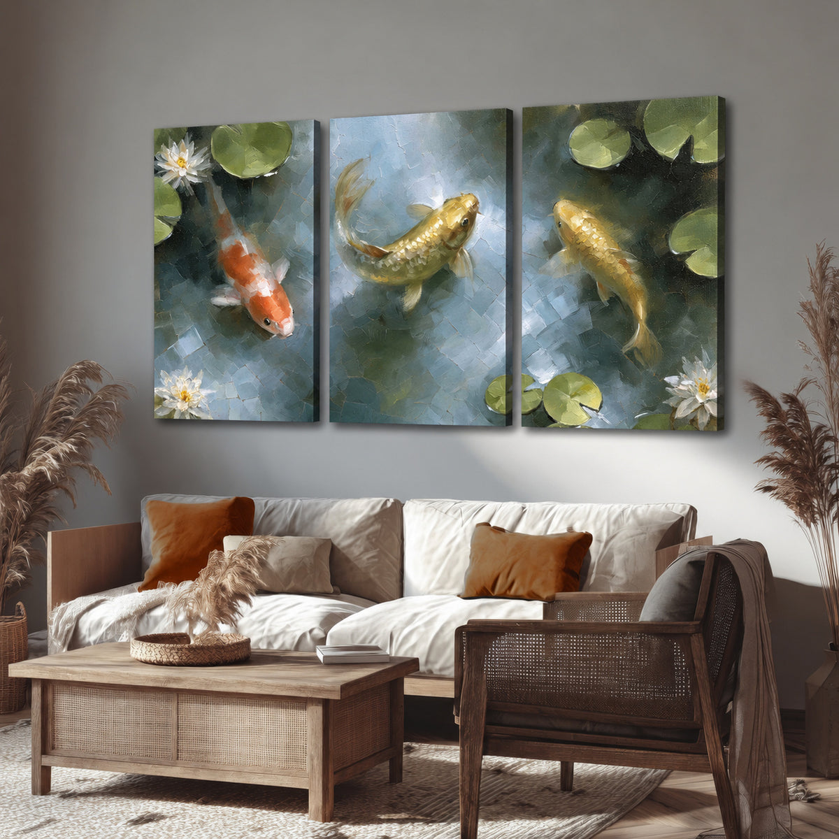 Koi fish pond painting 3 piece canvas wall art in a rustic living room