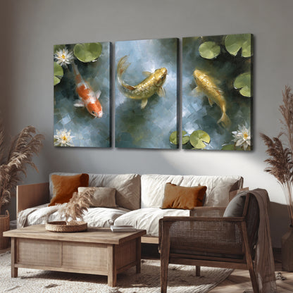 Koi fish pond painting 3 piece canvas wall art in a rustic living room