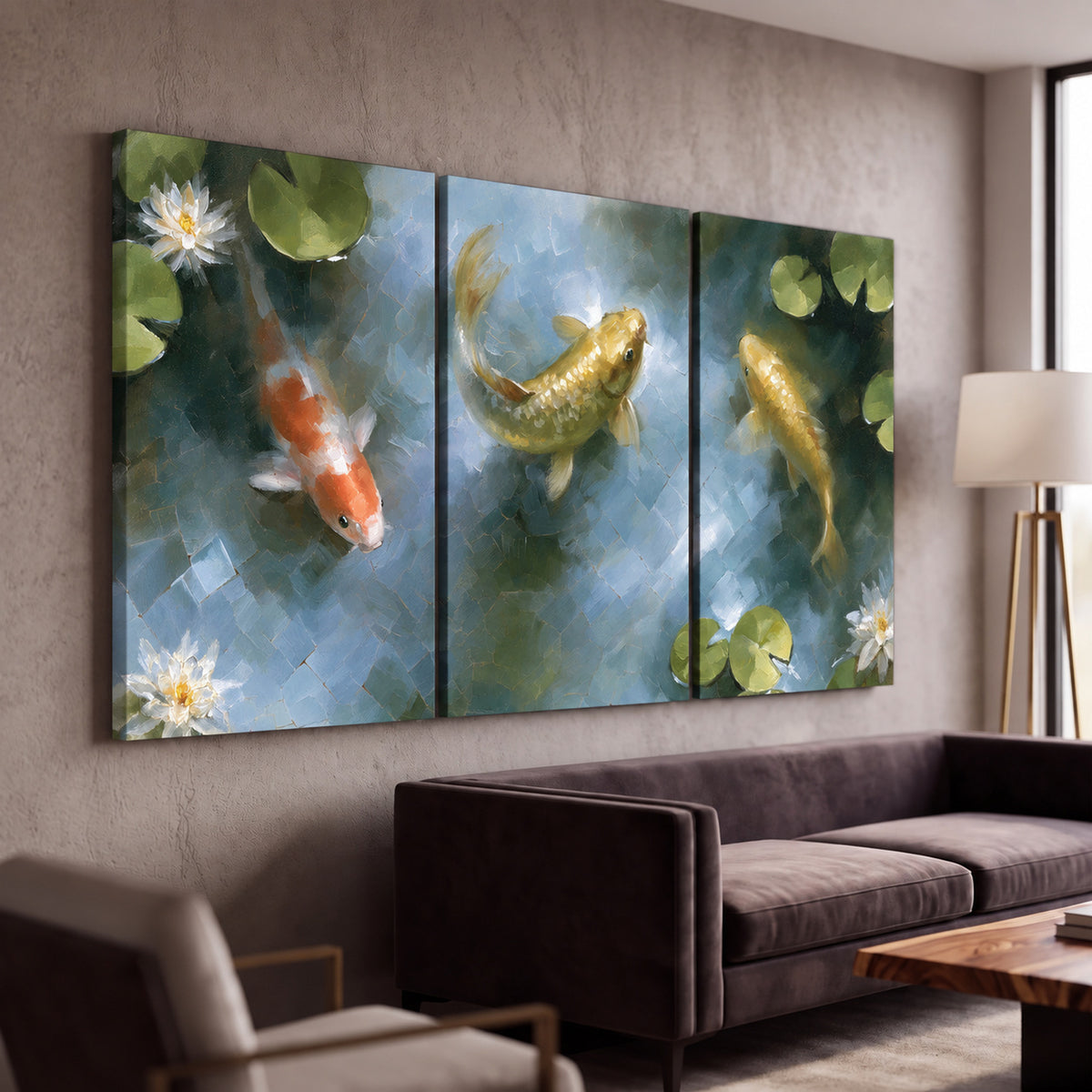 Koi fish pond painting 3 piece canvas wall art in a modern living room