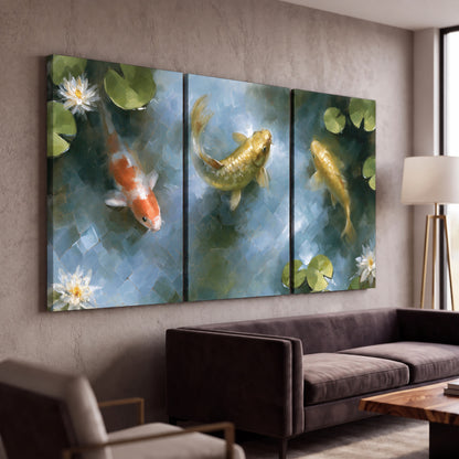 Koi fish pond painting 3 piece canvas wall art in a modern living room
