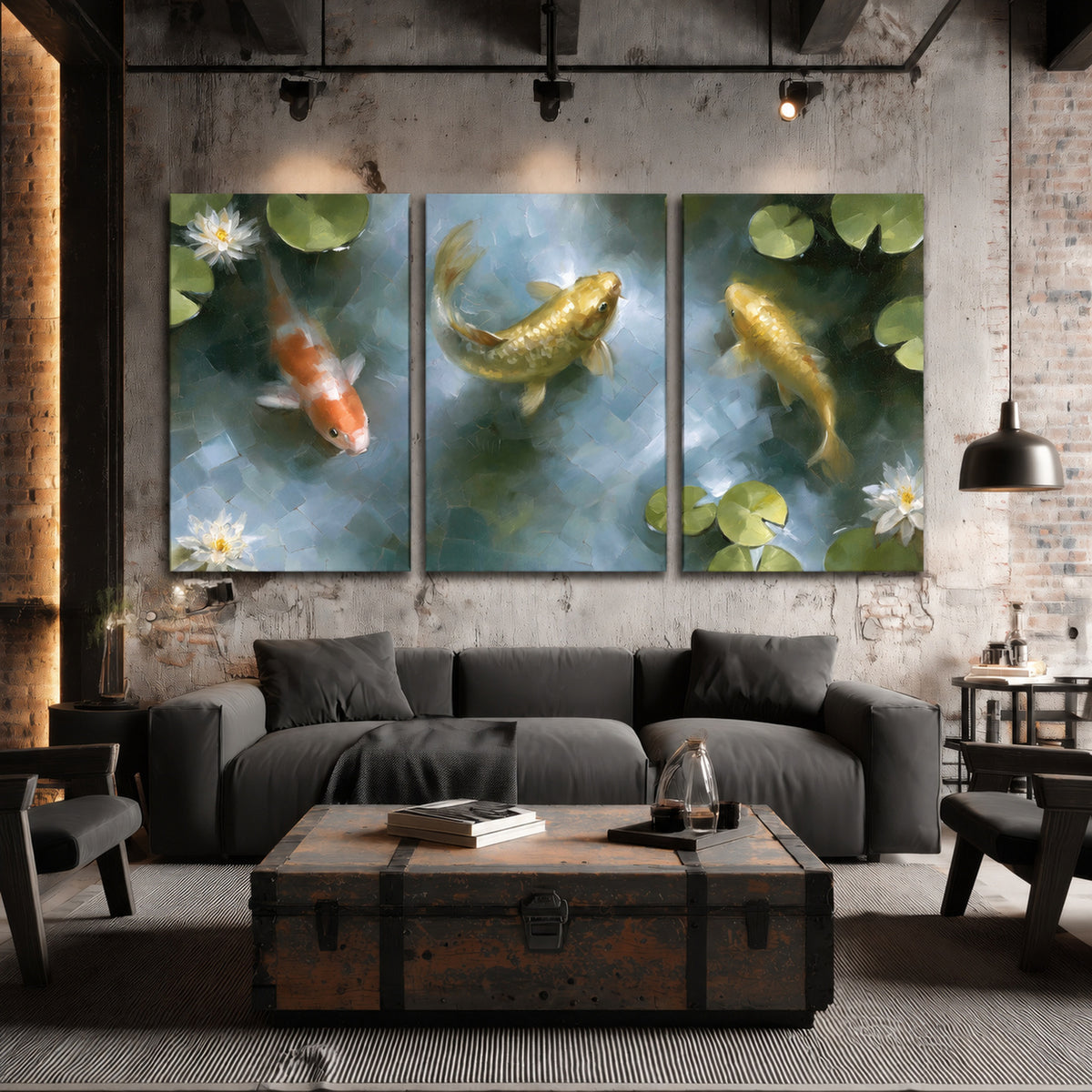 Koi fish pond painting 3 piece canvas wall art in an industrial loft