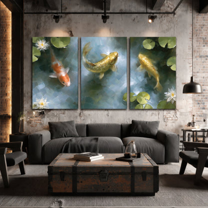 Koi fish pond painting 3 piece canvas wall art in an industrial loft