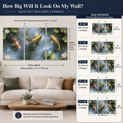 Koi fish pond painting 3 piece canvas wall art size guide above a sofa