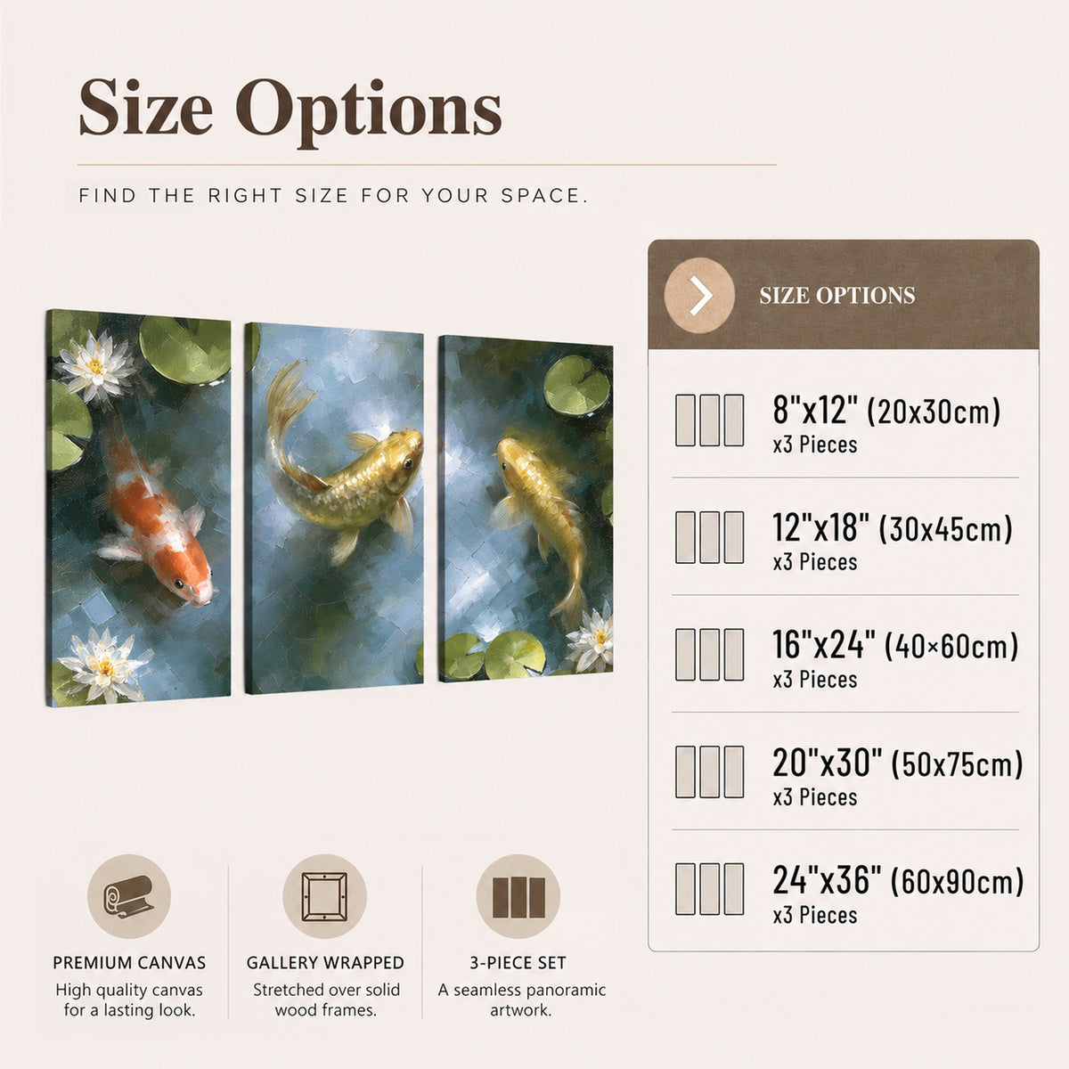 Koi fish pond painting 3 piece canvas wall art size options
