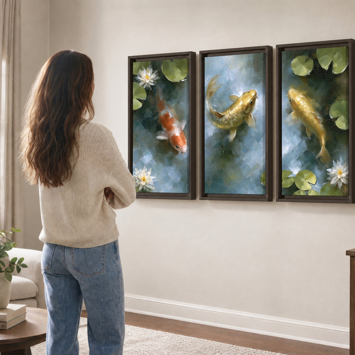Koi fish pond painting 3 piece framed canvas in a living room
