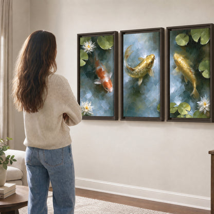 Koi fish pond painting 3 piece framed canvas in a living room