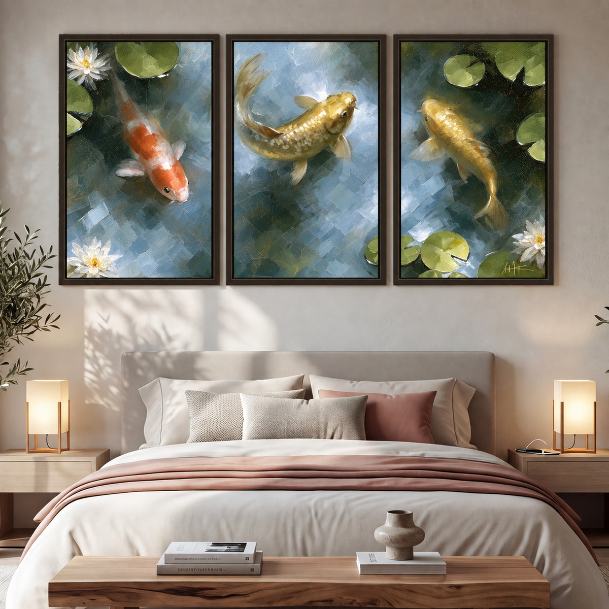 Koi fish pond painting 3 piece framed canvas in a bedroom above the bed