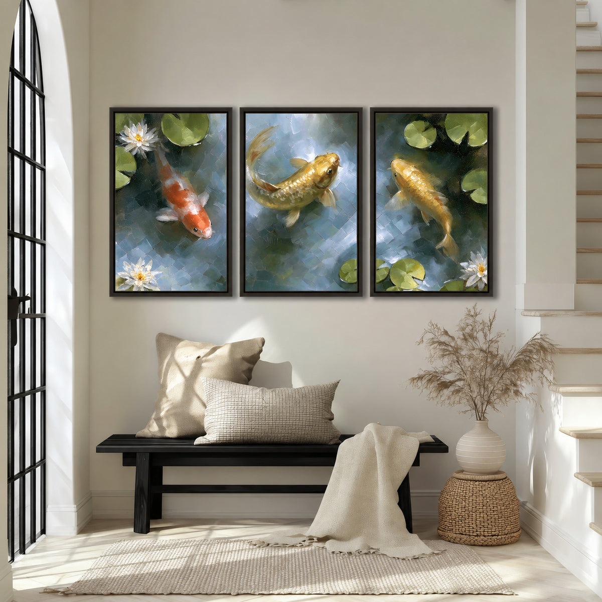 Koi fish pond painting 3 piece framed canvas in an entryway above a bench