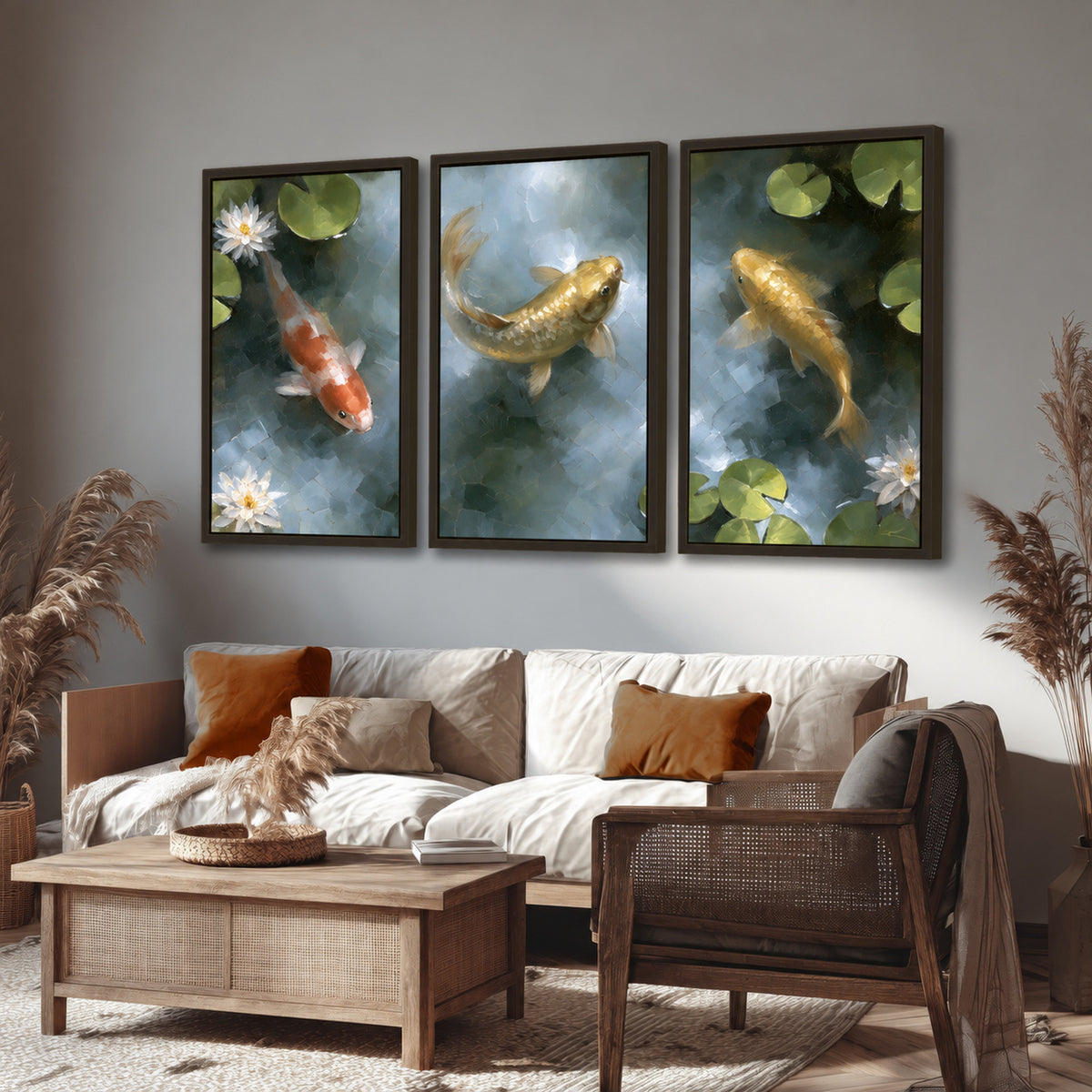 Koi fish pond painting 3 piece framed canvas in a rustic living room