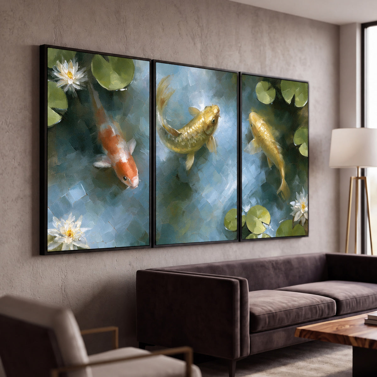 Koi fish pond painting 3 piece framed canvas in a modern living room
