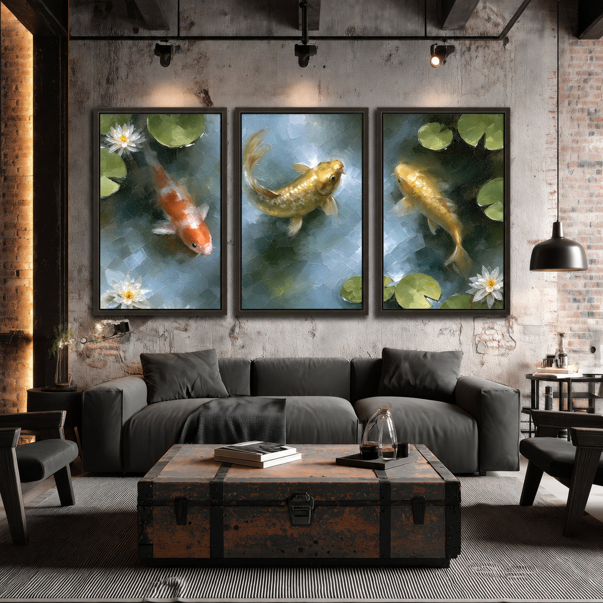 Koi fish pond painting 3 piece framed canvas in an industrial loft