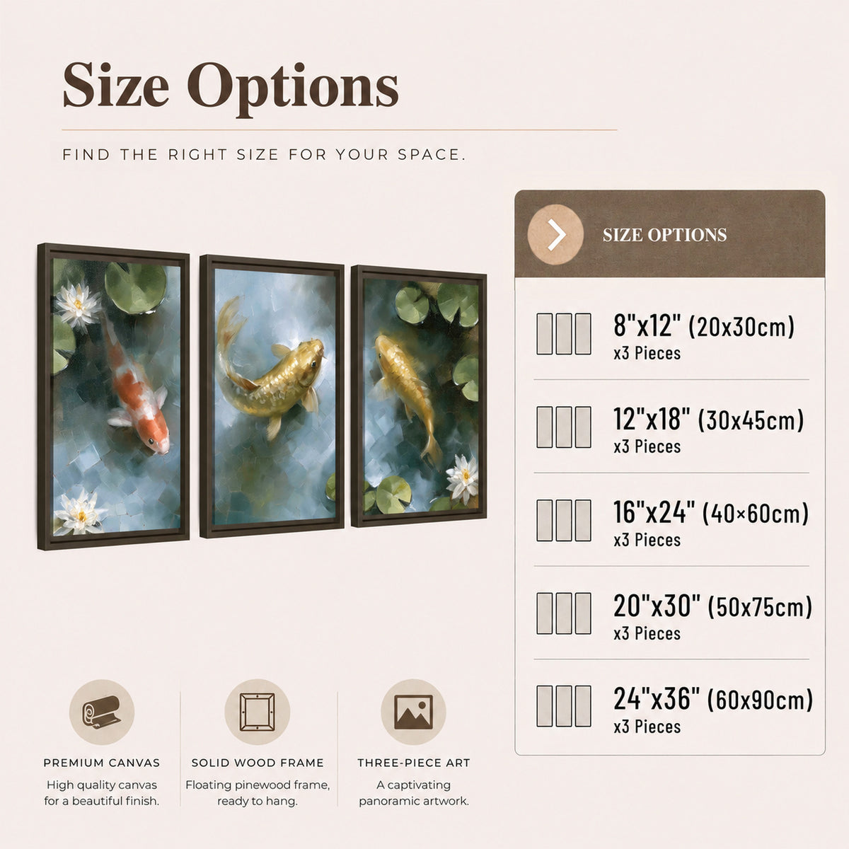 Koi fish pond painting 3 piece framed canvas size options
