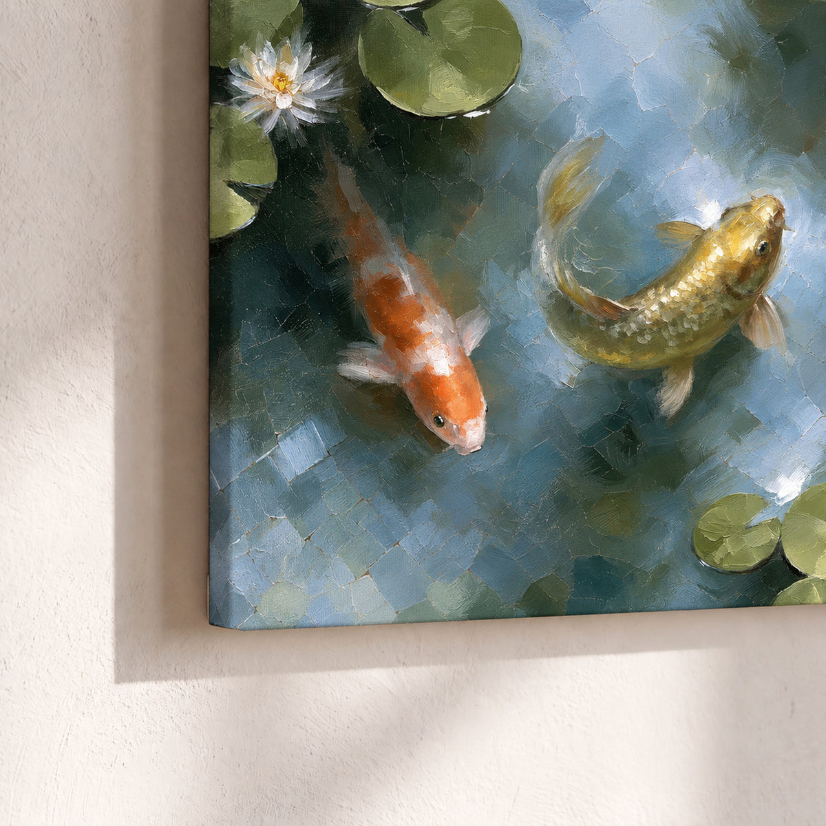 Koi fish pond painting canvas print close-up showing the gallery-wrapped edge