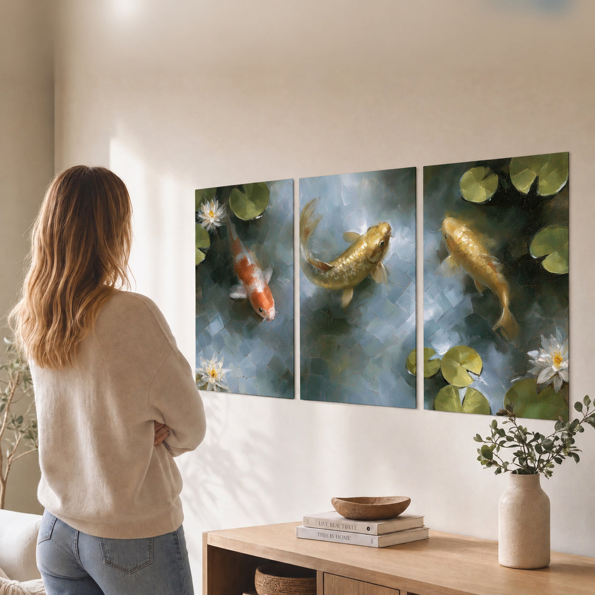 Koi fish pond painting set of 3 poster prints in a living room