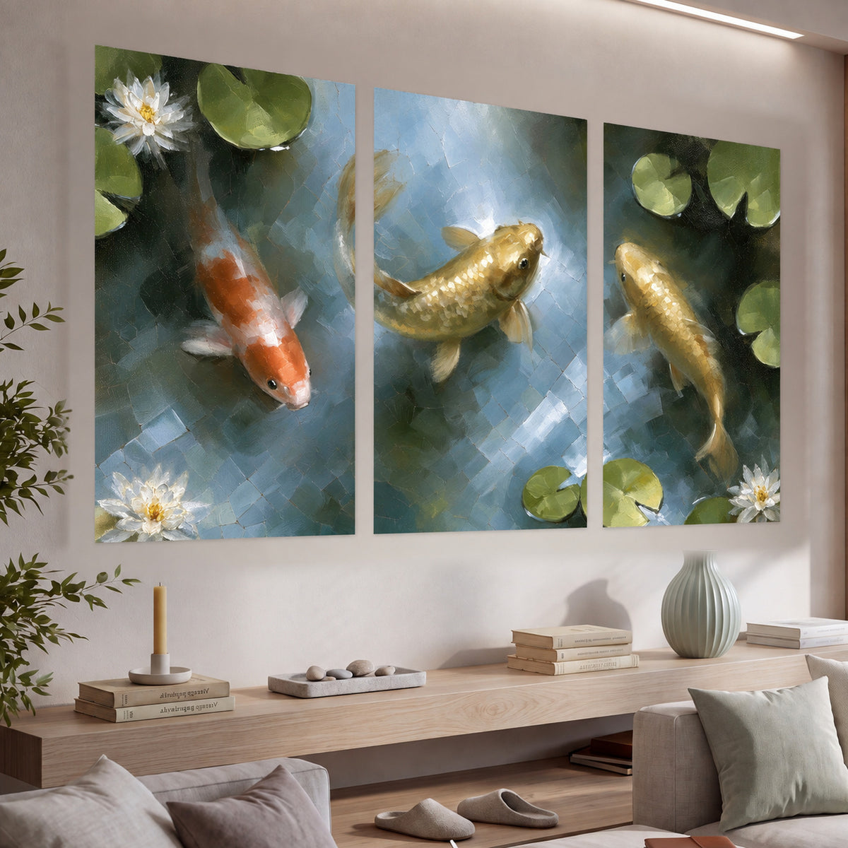 Koi fish pond painting set of 3 poster prints in a living room above a console