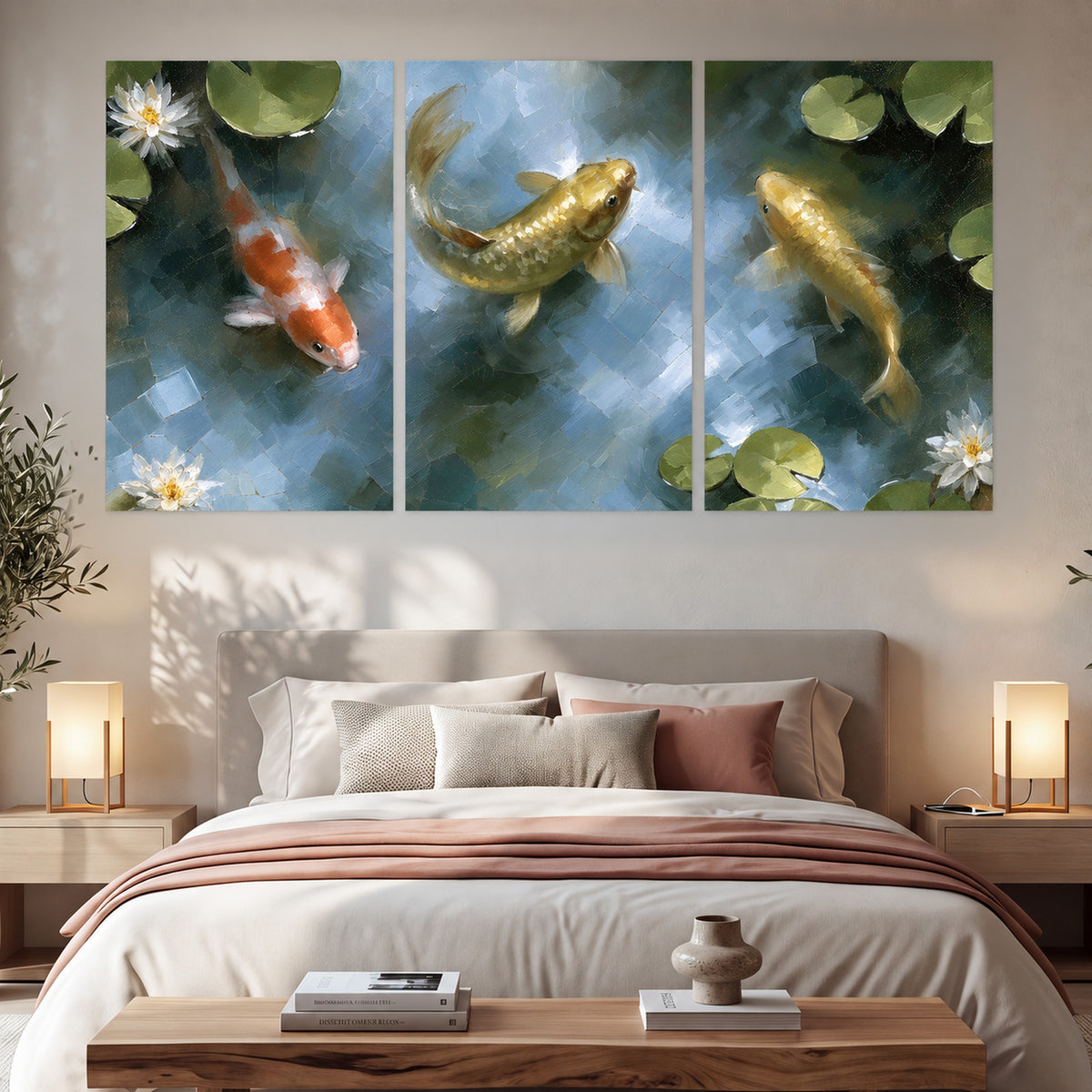 Koi fish pond painting set of 3 poster prints in a bedroom above the bed