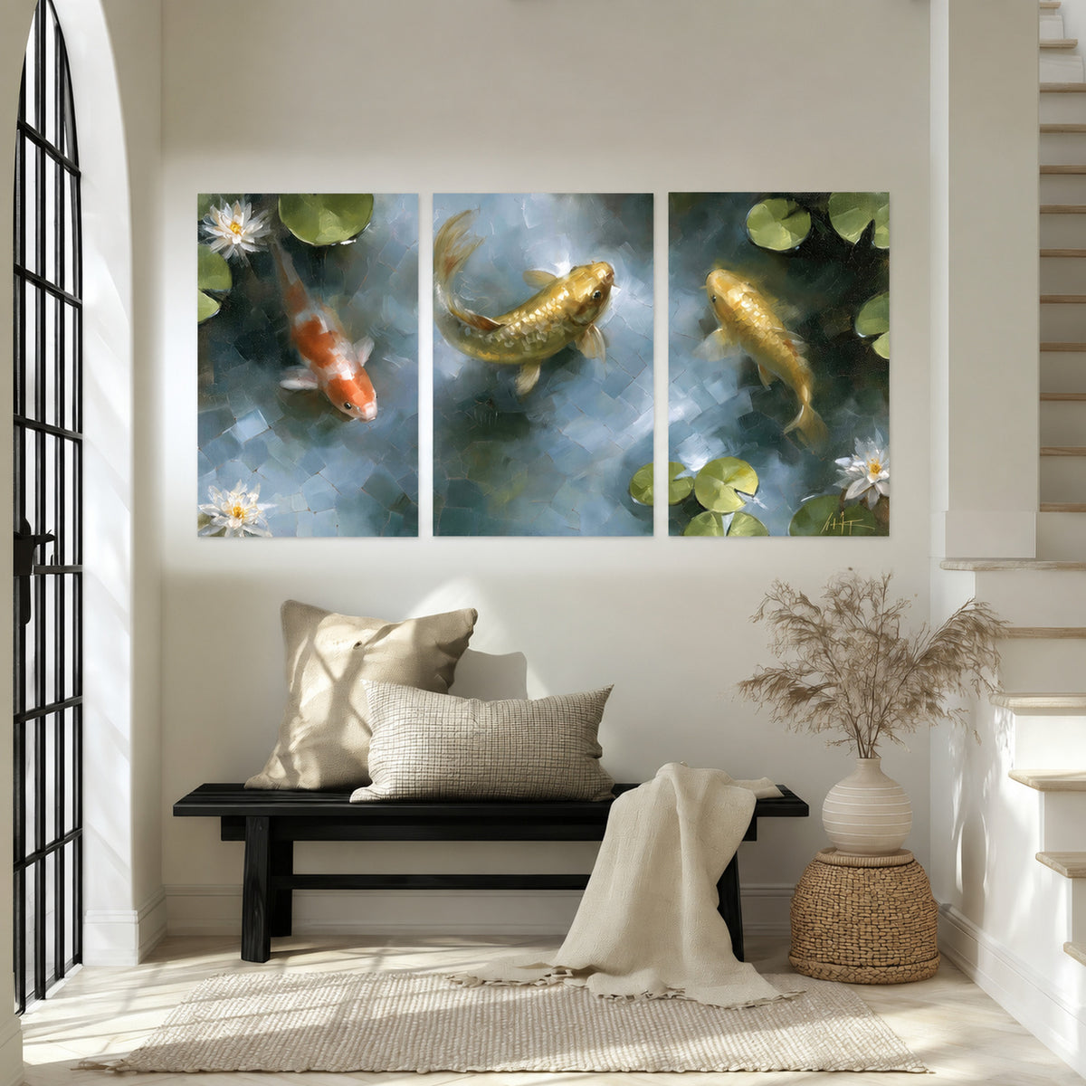 Koi fish pond painting set of 3 poster prints in an entryway above a bench