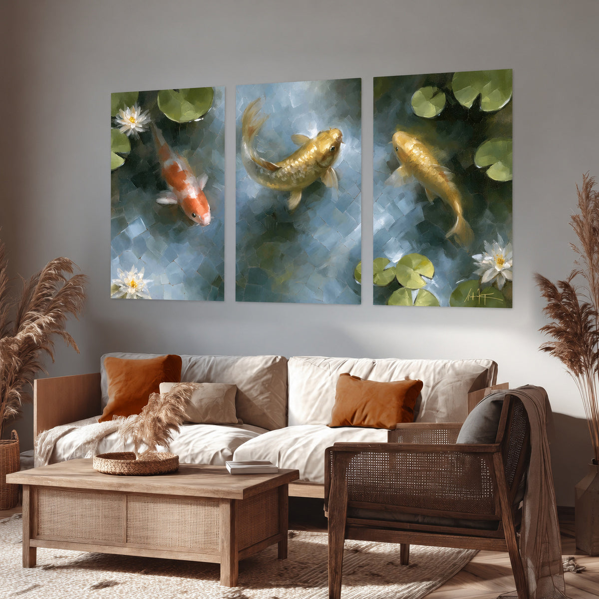 Koi fish pond painting set of 3 poster prints in a rustic living room