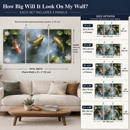 Koi fish pond painting set of 3 poster prints size guide above a sofa