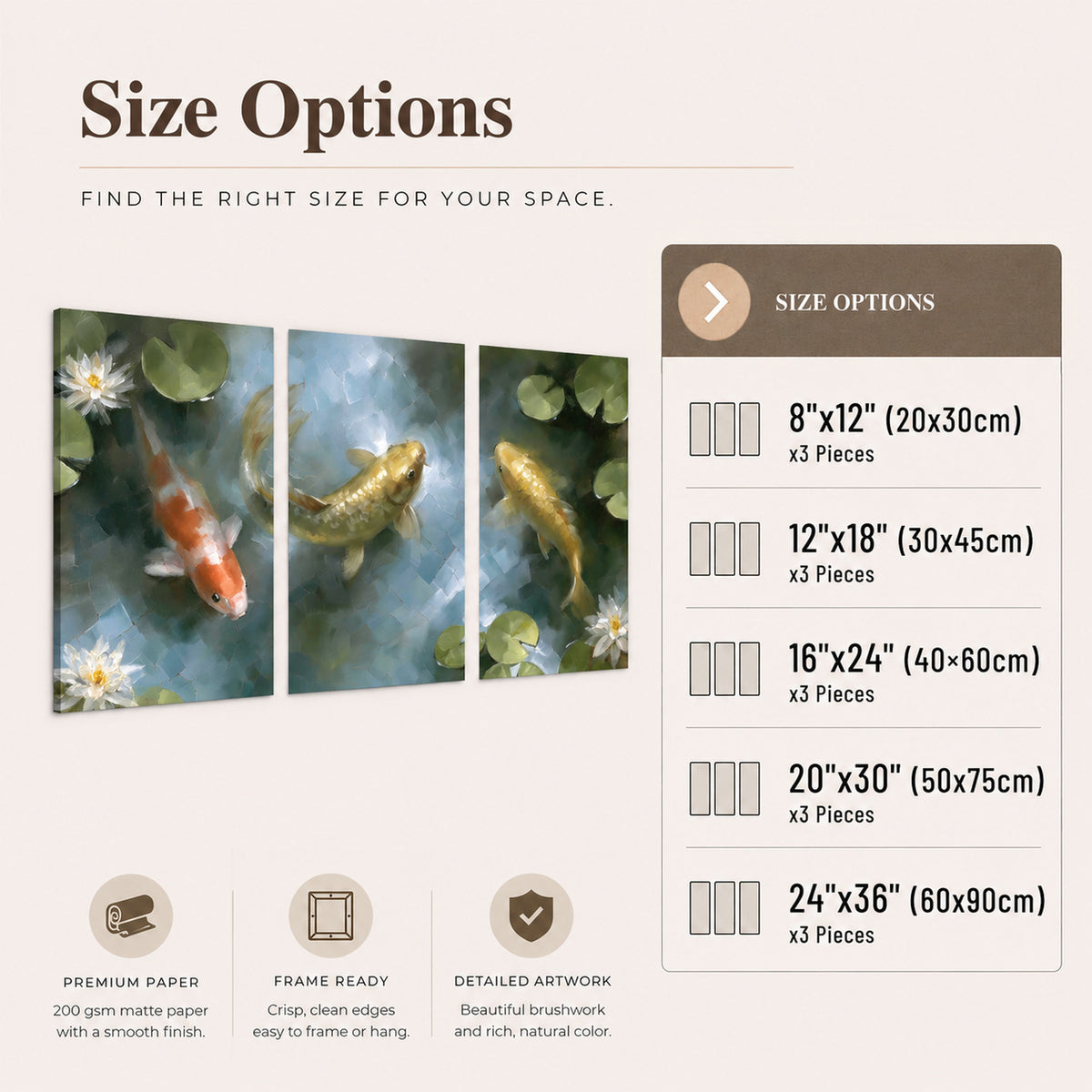 Koi fish pond painting set of 3 poster prints size options