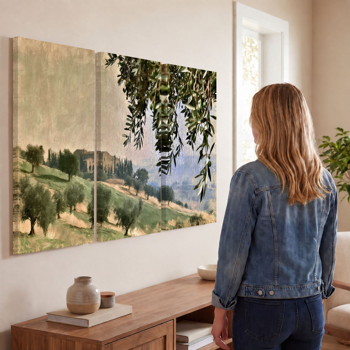 Tuscan olive grove painting 3 piece canvas wall art in a living room