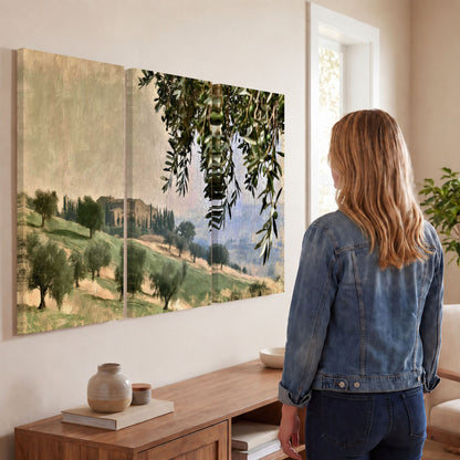 Tuscan olive grove painting 3 piece canvas wall art in a living room