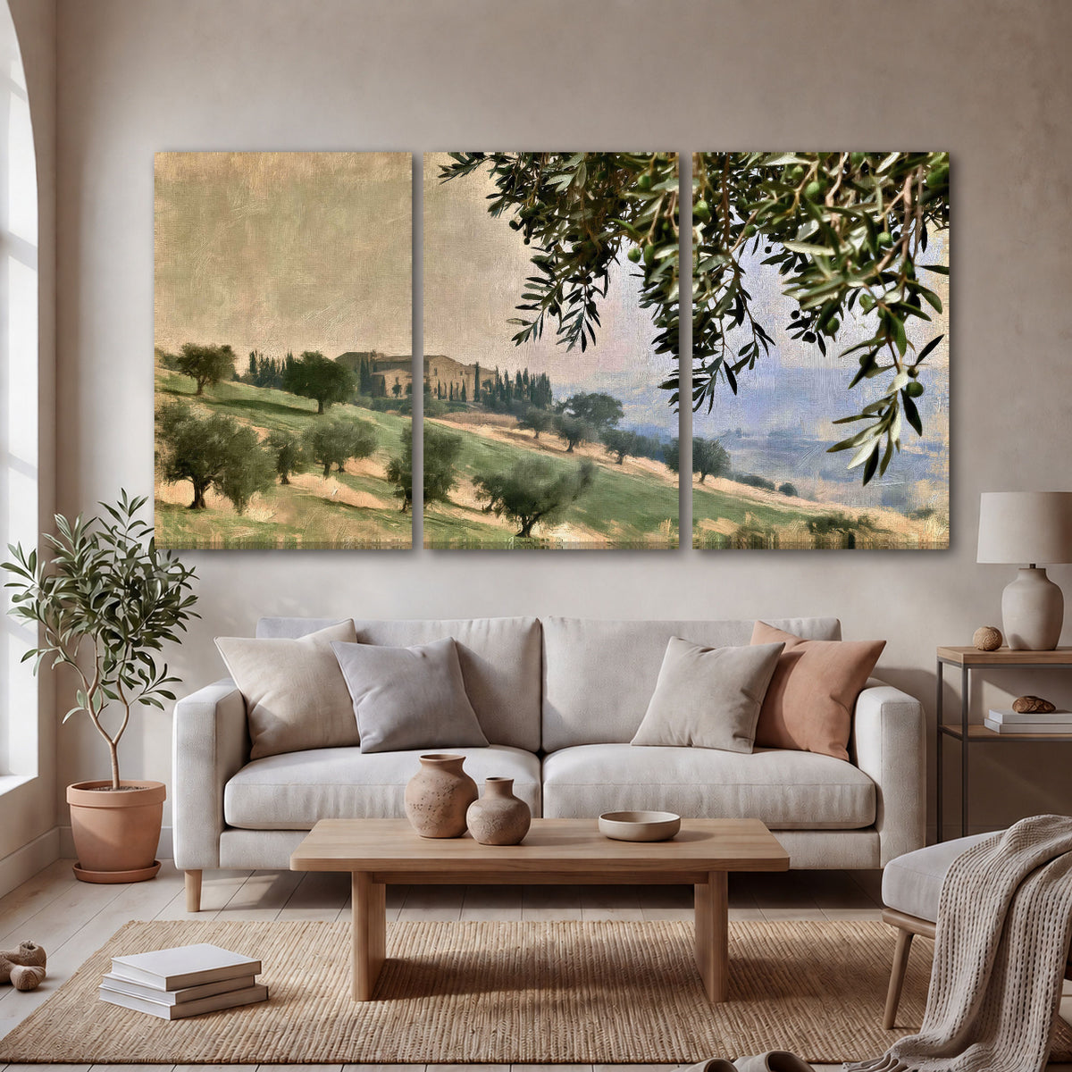 Tuscan olive grove painting 3 piece canvas wall art in a bright living room