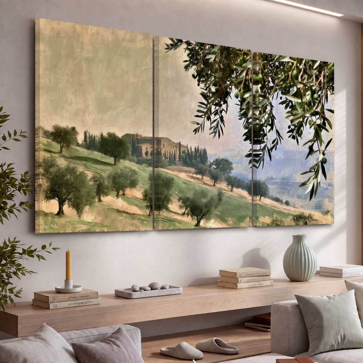 Tuscan olive grove painting 3 piece canvas wall art in a living room above a console