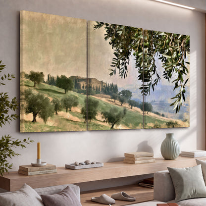 Tuscan olive grove painting 3 piece canvas wall art in a living room above a console