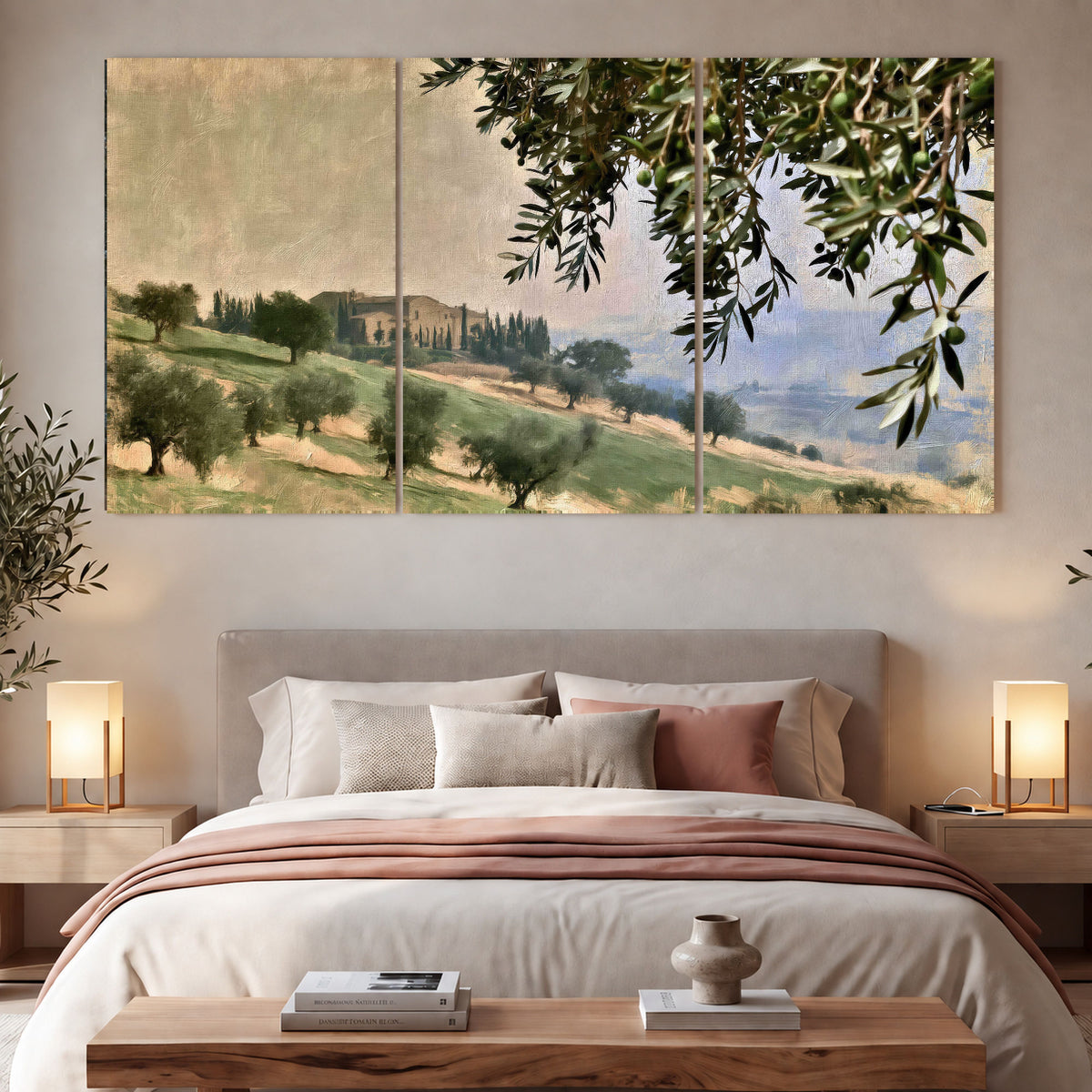 Tuscan olive grove painting 3 piece canvas wall art in a bedroom above the bed
