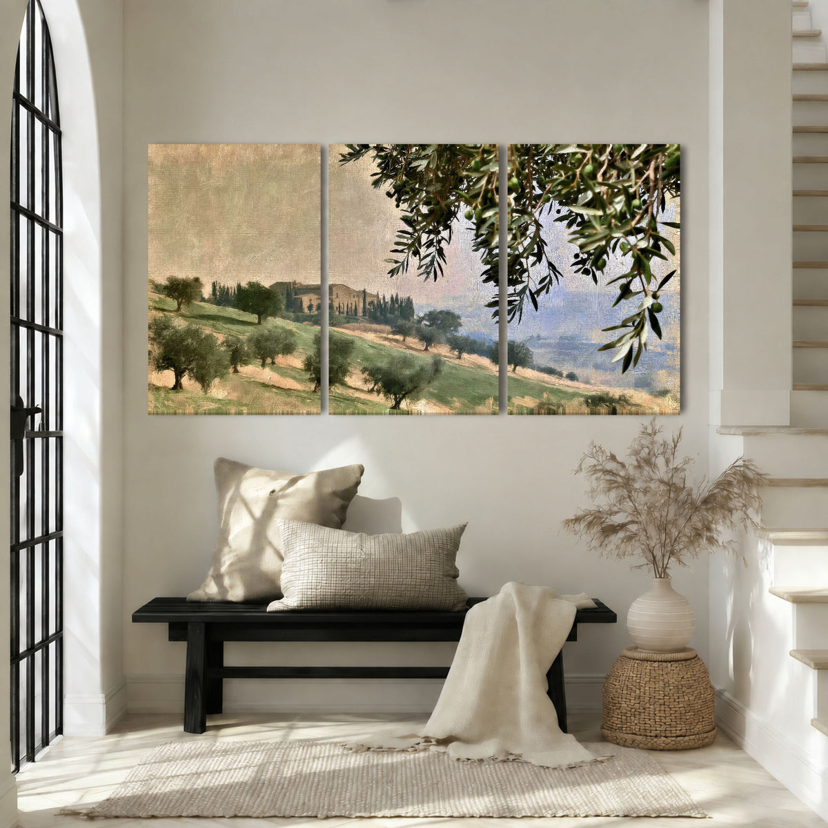 Tuscan olive grove painting 3 piece canvas wall art in an entryway above a bench