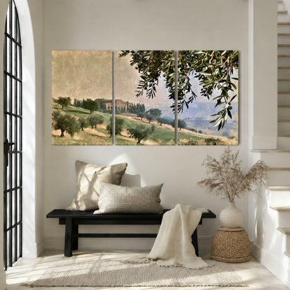 Tuscan olive grove painting 3 piece canvas wall art in an entryway above a bench
