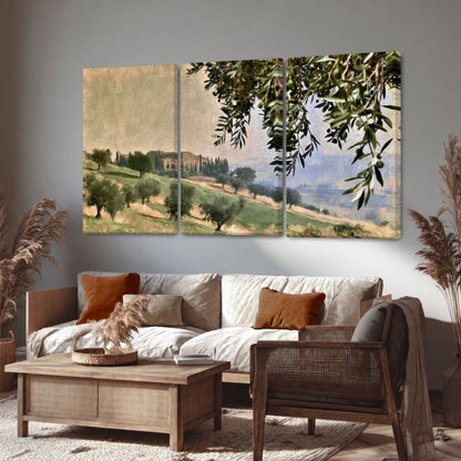 Tuscan olive grove painting 3 piece canvas wall art in a rustic living room