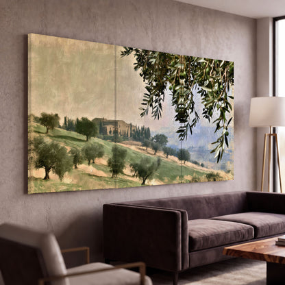 Tuscan olive grove painting 3 piece canvas wall art in a modern living room