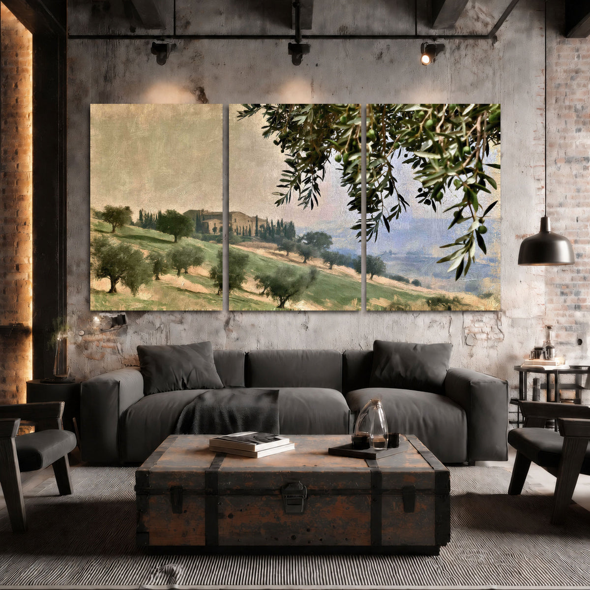 Tuscan olive grove painting 3 piece canvas wall art in an industrial loft