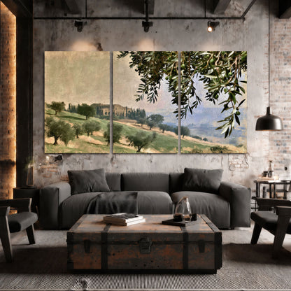 Tuscan olive grove painting 3 piece canvas wall art in an industrial loft