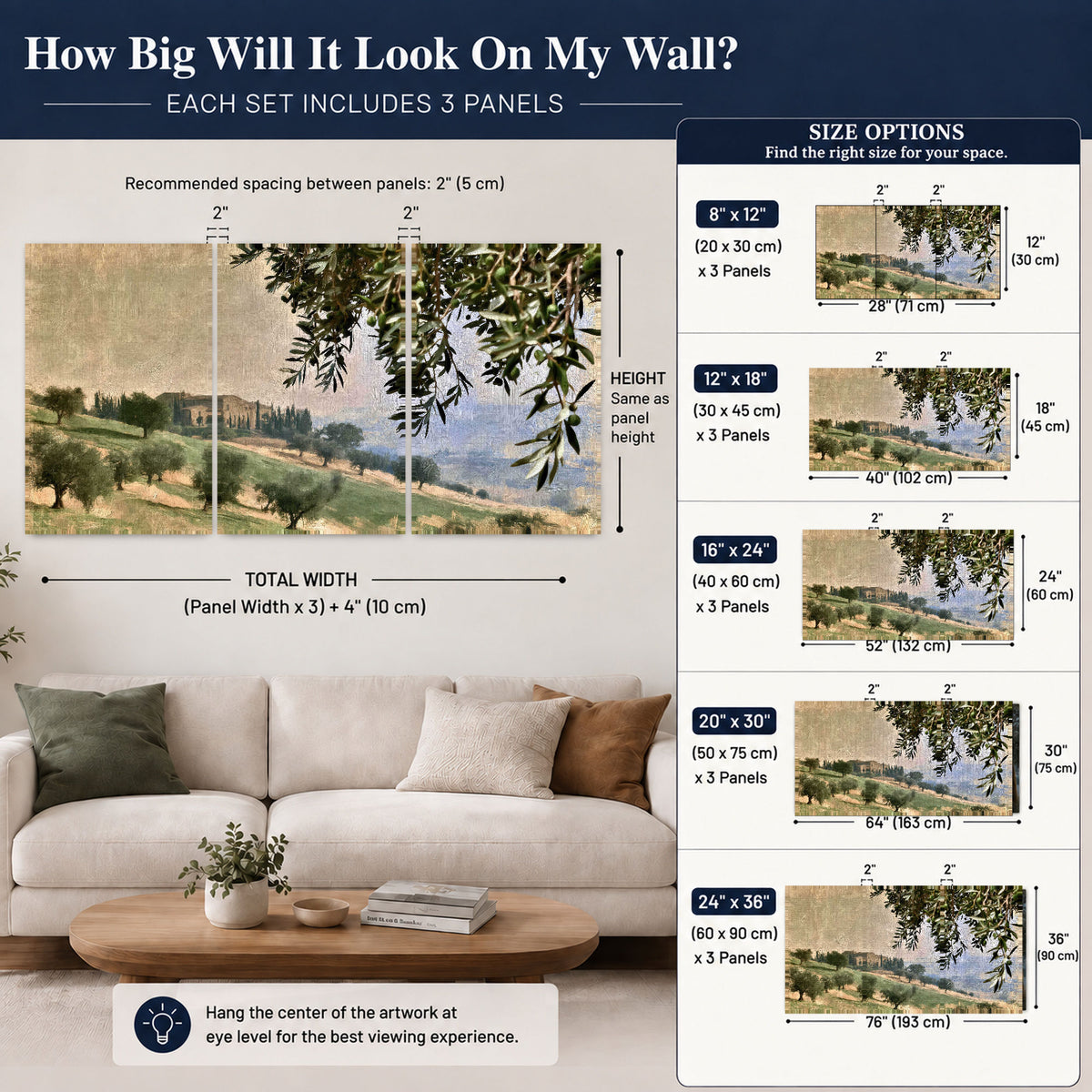 Tuscan olive grove painting 3 piece canvas wall art size guide above a sofa