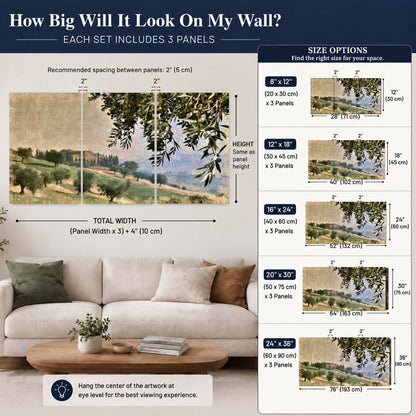 Tuscan olive grove painting 3 piece canvas wall art size guide above a sofa