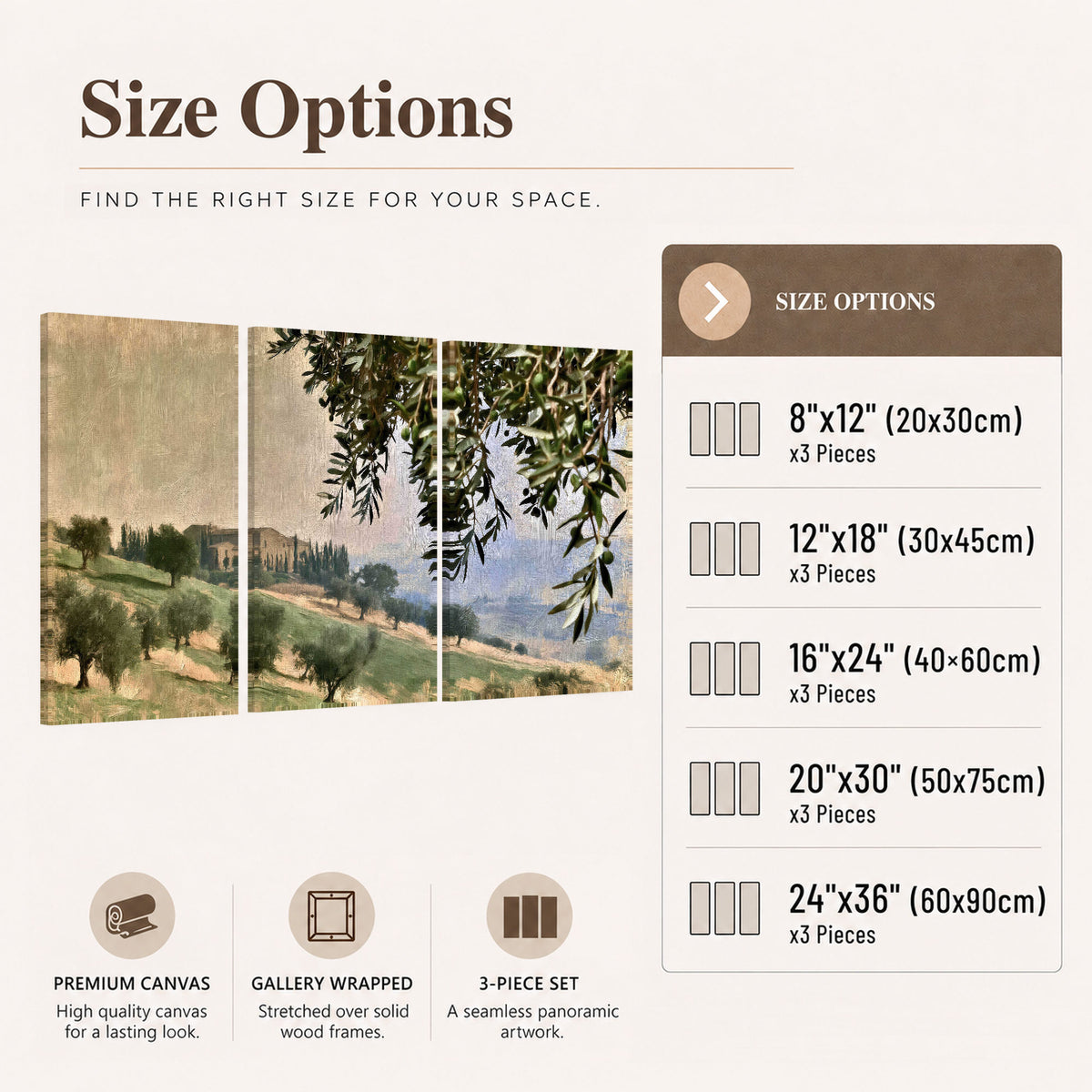 Tuscan olive grove painting 3 piece canvas wall art size options