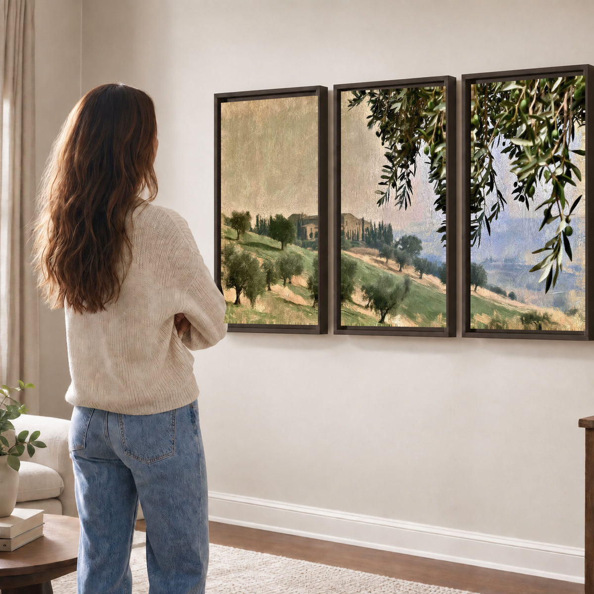 Tuscan olive grove painting 3 piece framed canvas in a living room